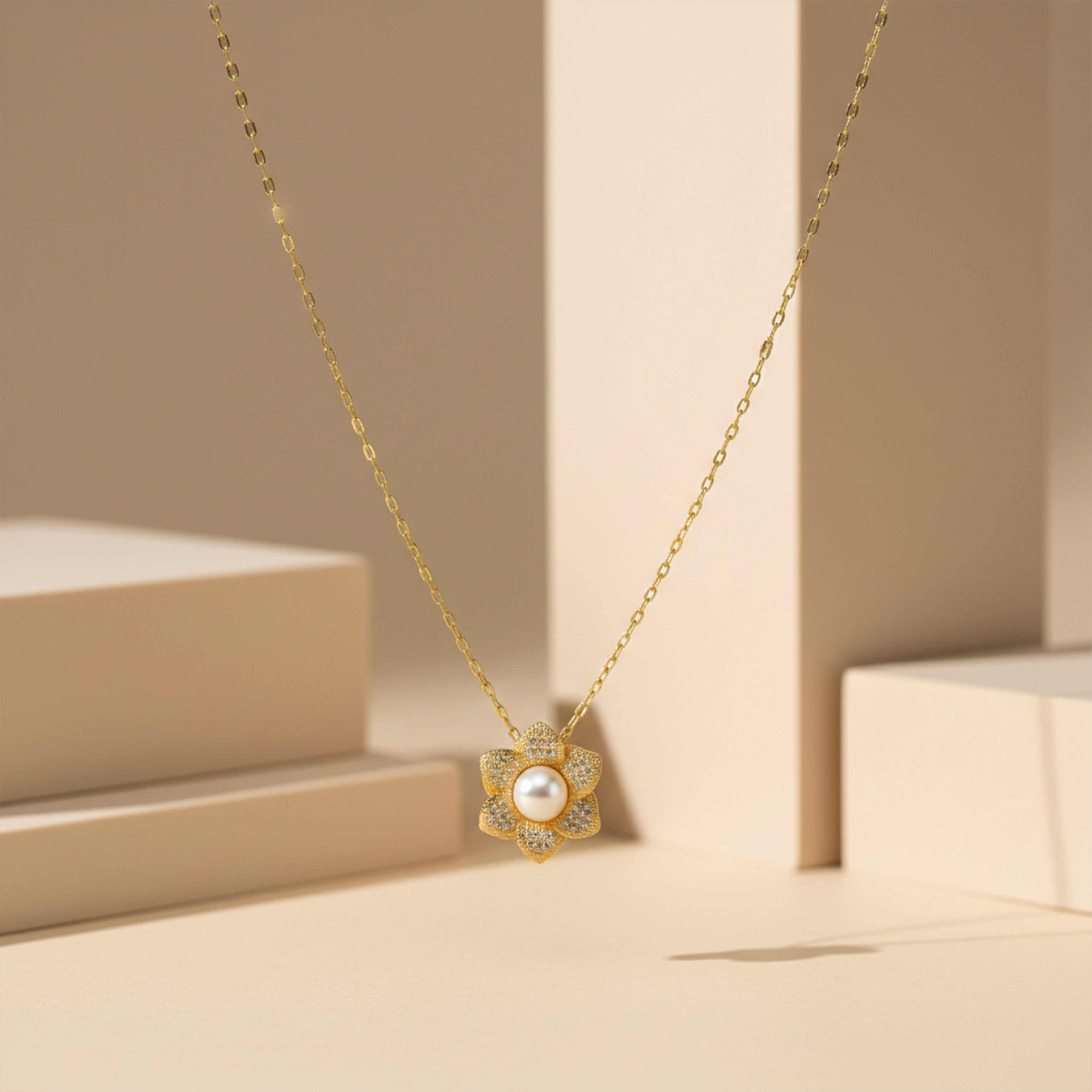 Golden Blossom Pearl Pendant Necklace