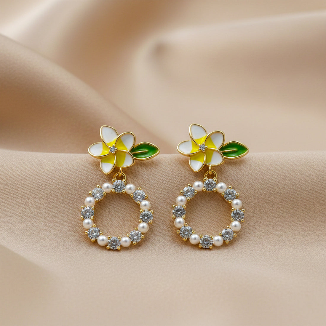Golden Petal Pearl Circle Earrings