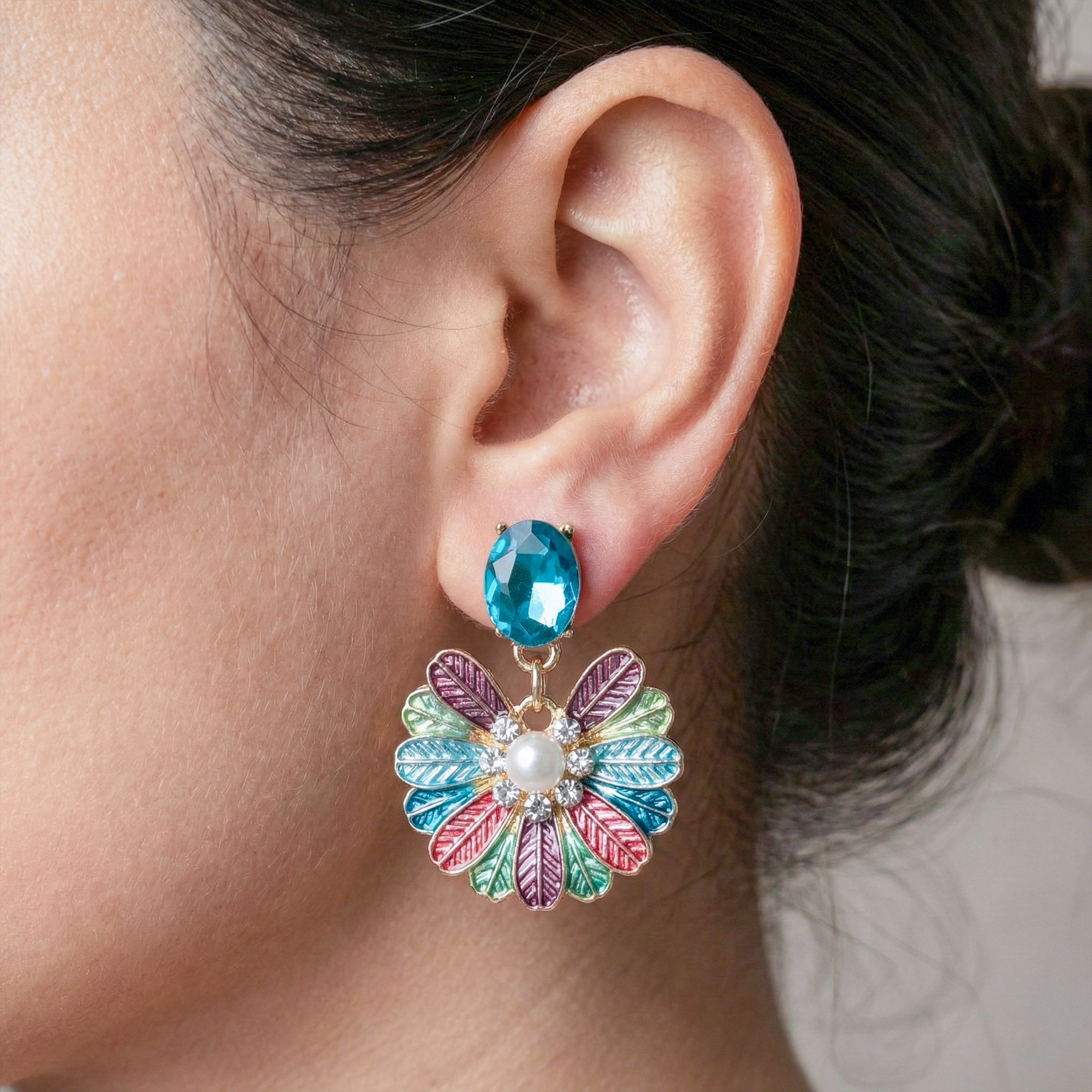 Aqua Bloom Pearl Drop Earrings