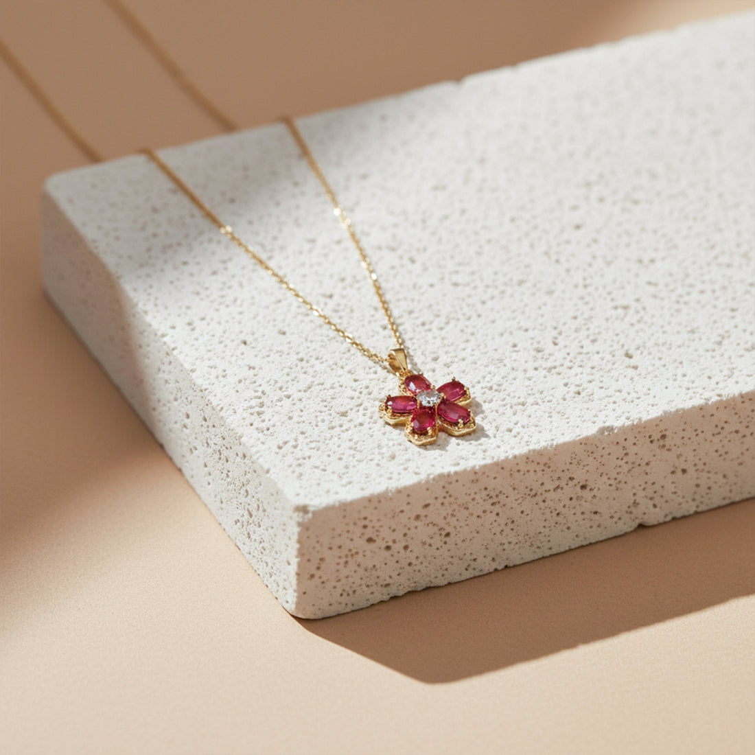 Pink Ruby Flower Pendant Necklace