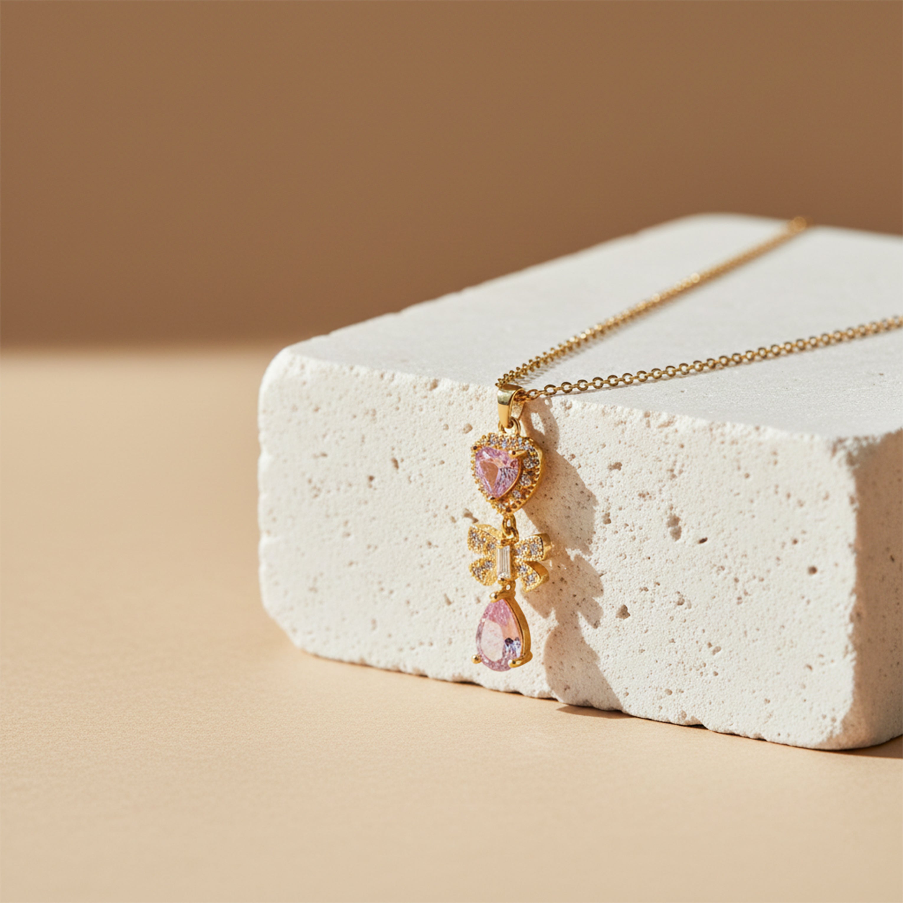 Delicate Heart & Bow Gold Necklace
