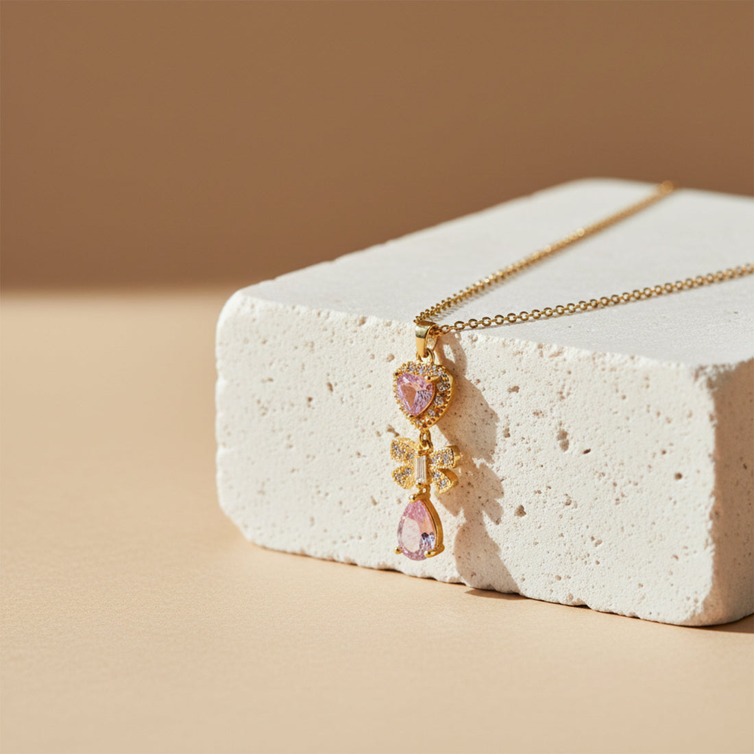 Delicate Heart & Bow Gold Necklace