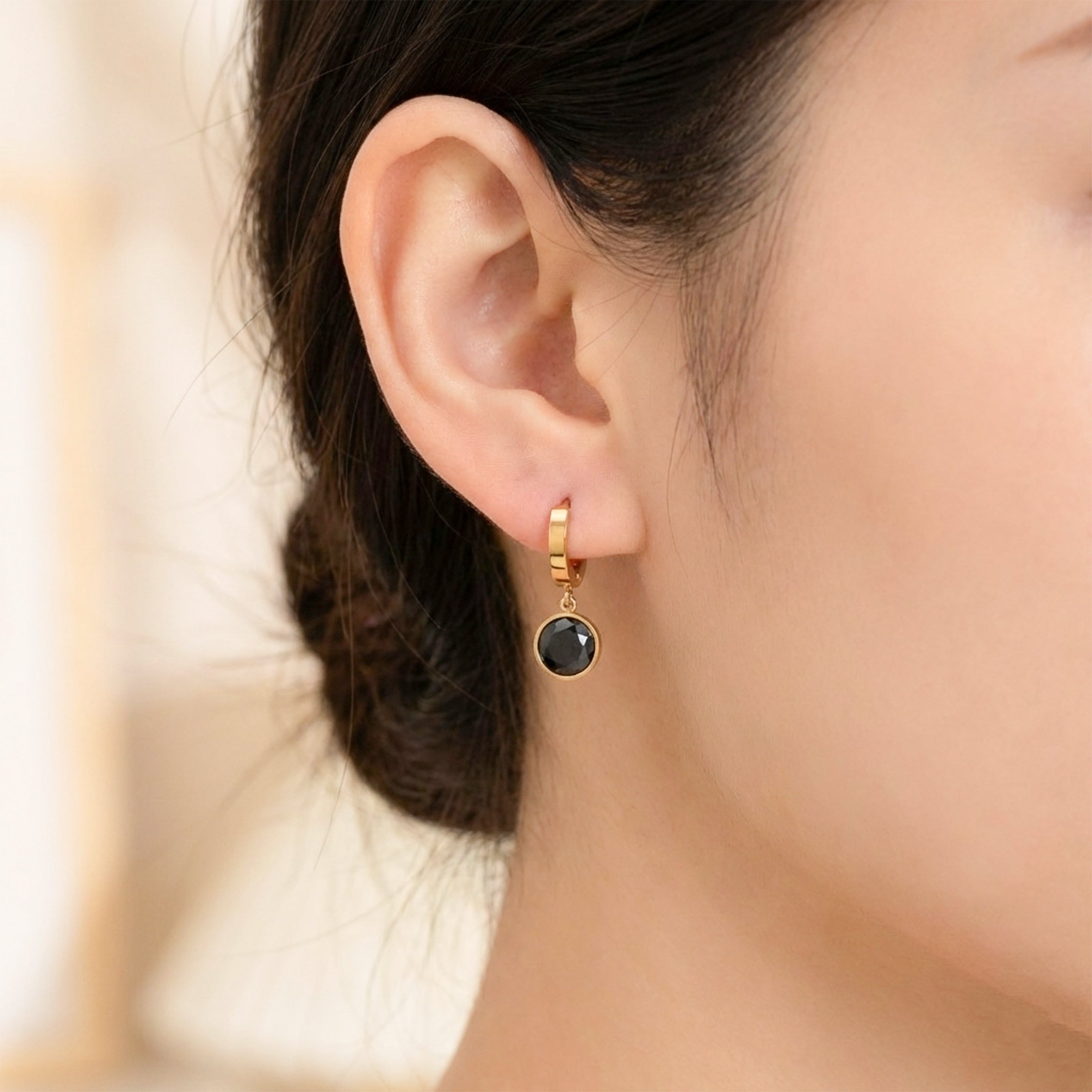 Designer Gold Hoop Black Stone Earrings