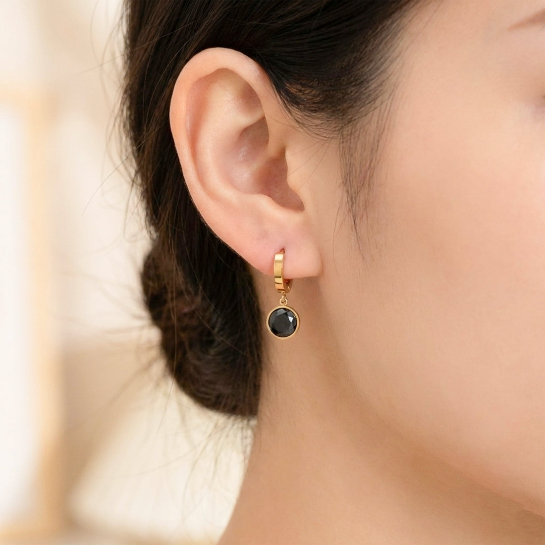 Designer Gold Hoop Black Stone Earrings