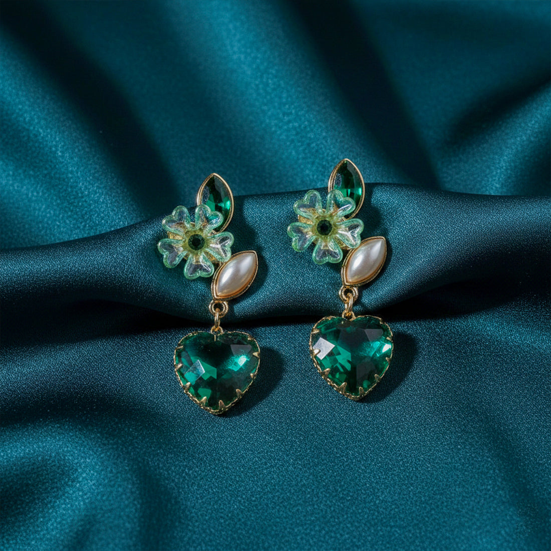Green Luxe Floral Heart Earrings
