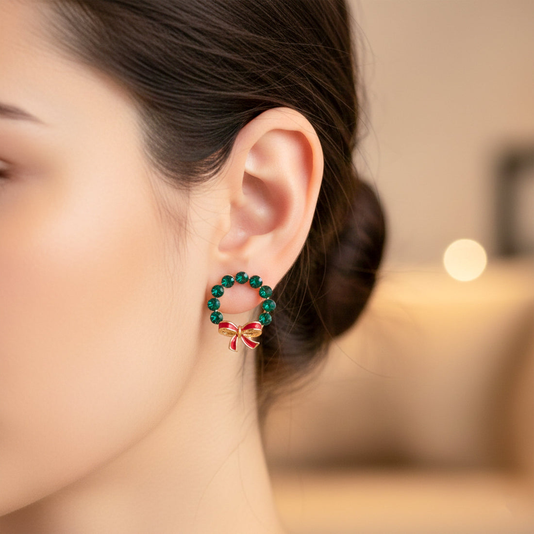 Elite Green Stone Bow Loop Earrings