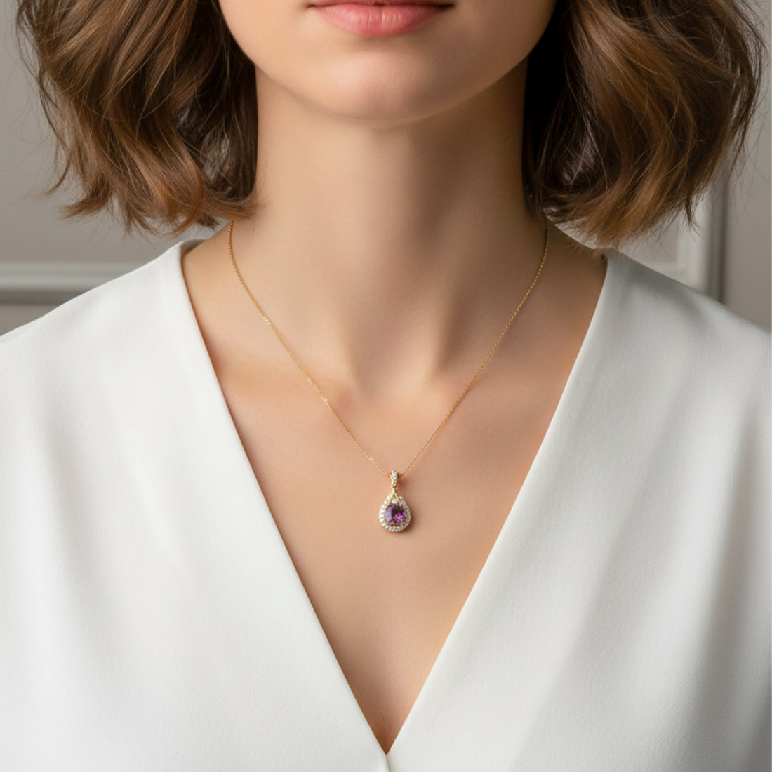 Purple Amethyst Gold Pendant Necklace
