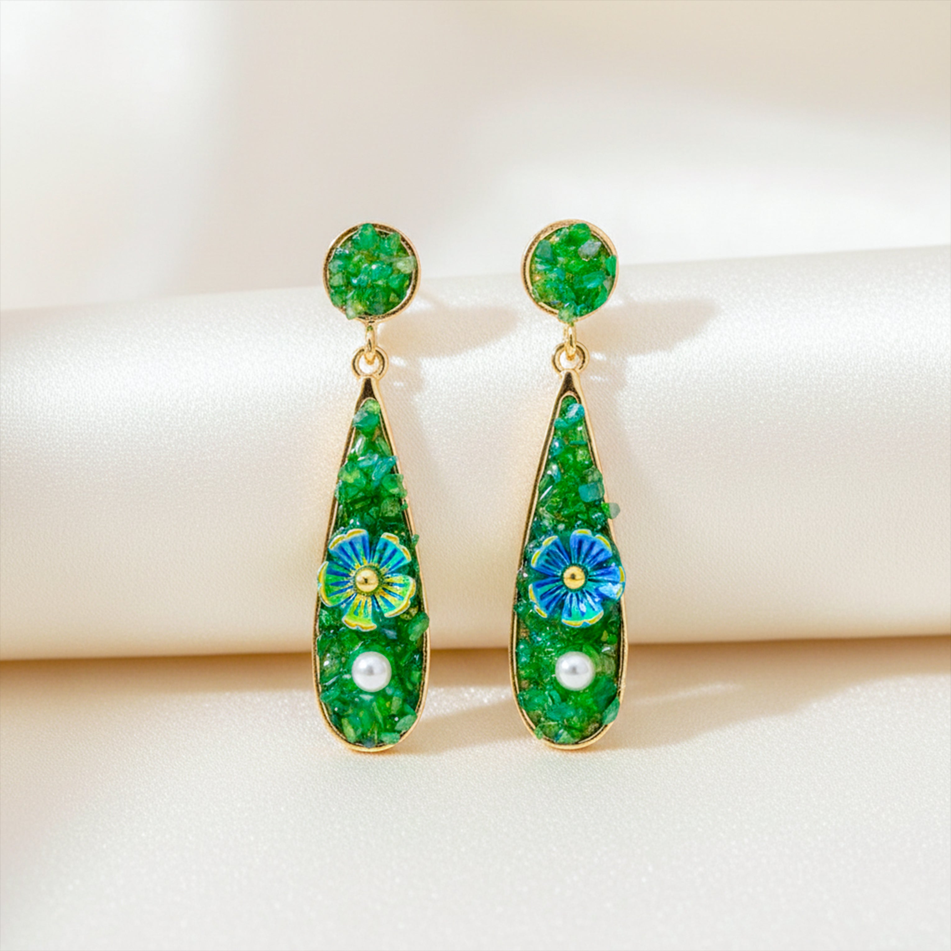 Elegant Green Floral Drop Earrings