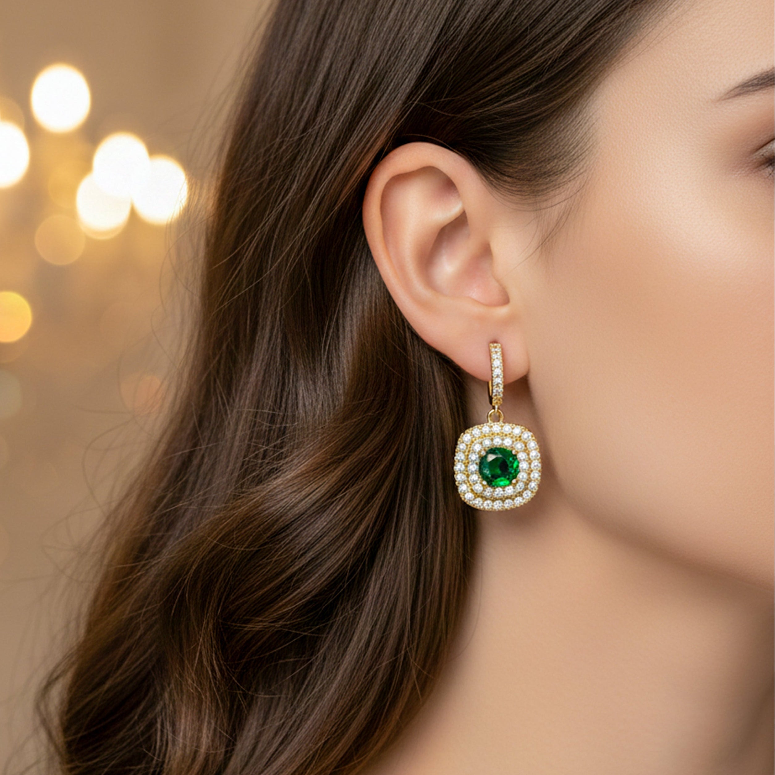 Classic Emerald Halo Gold Earrings