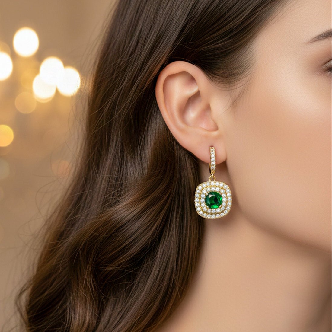 Classic Emerald Halo Gold Earrings