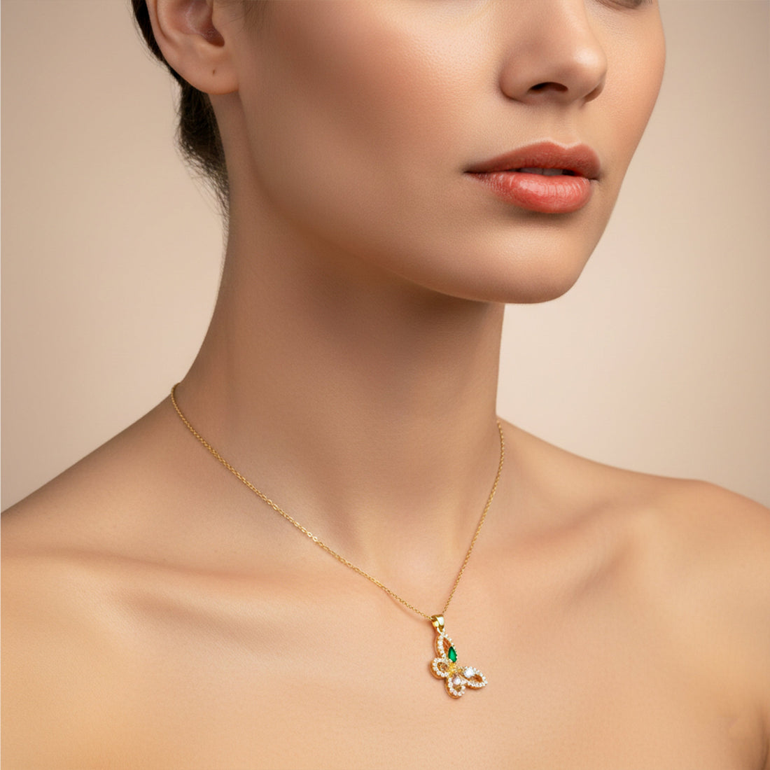 Vintage Emerald Butterfly Pendant Necklace