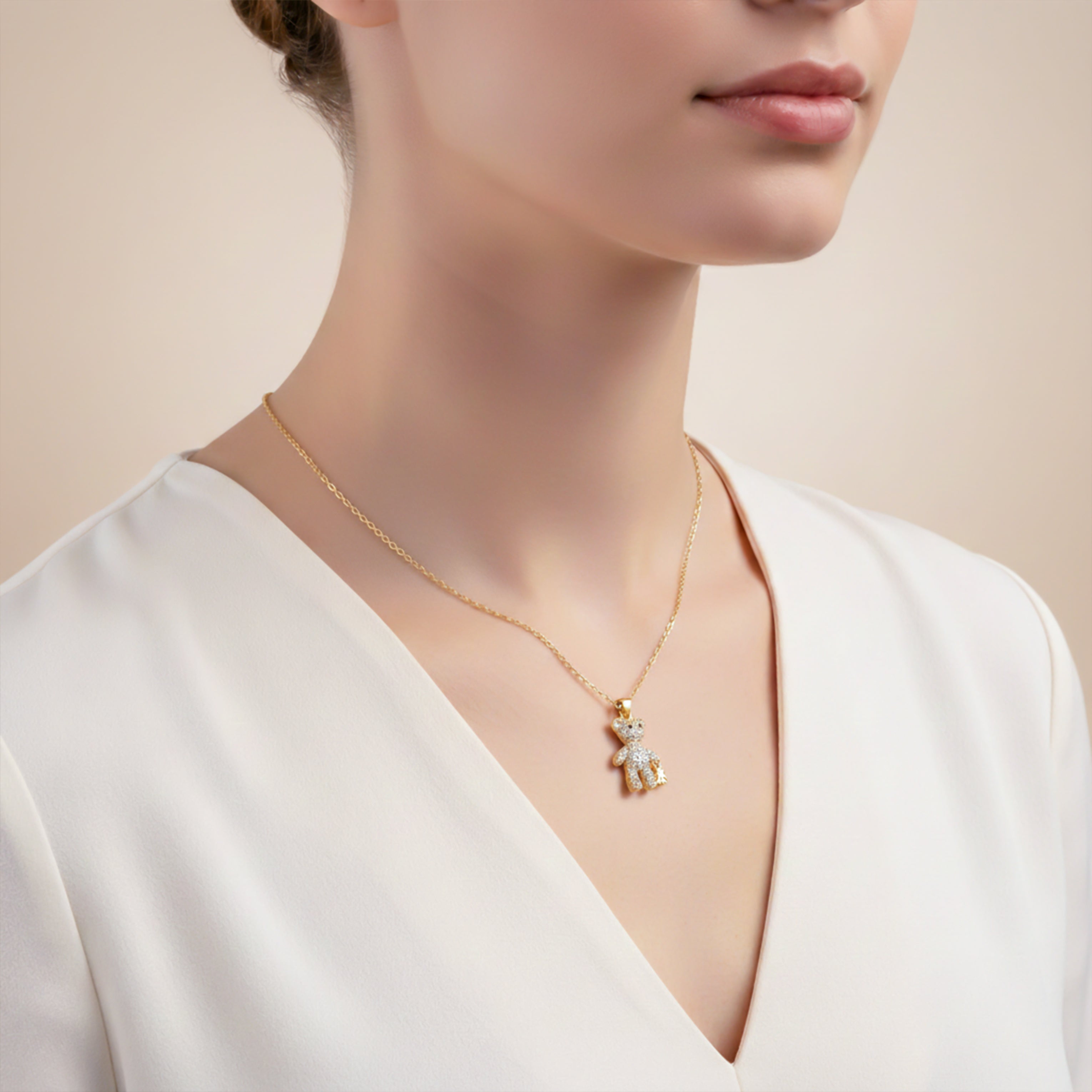 Diamond Teddy Bear Pendant Necklace