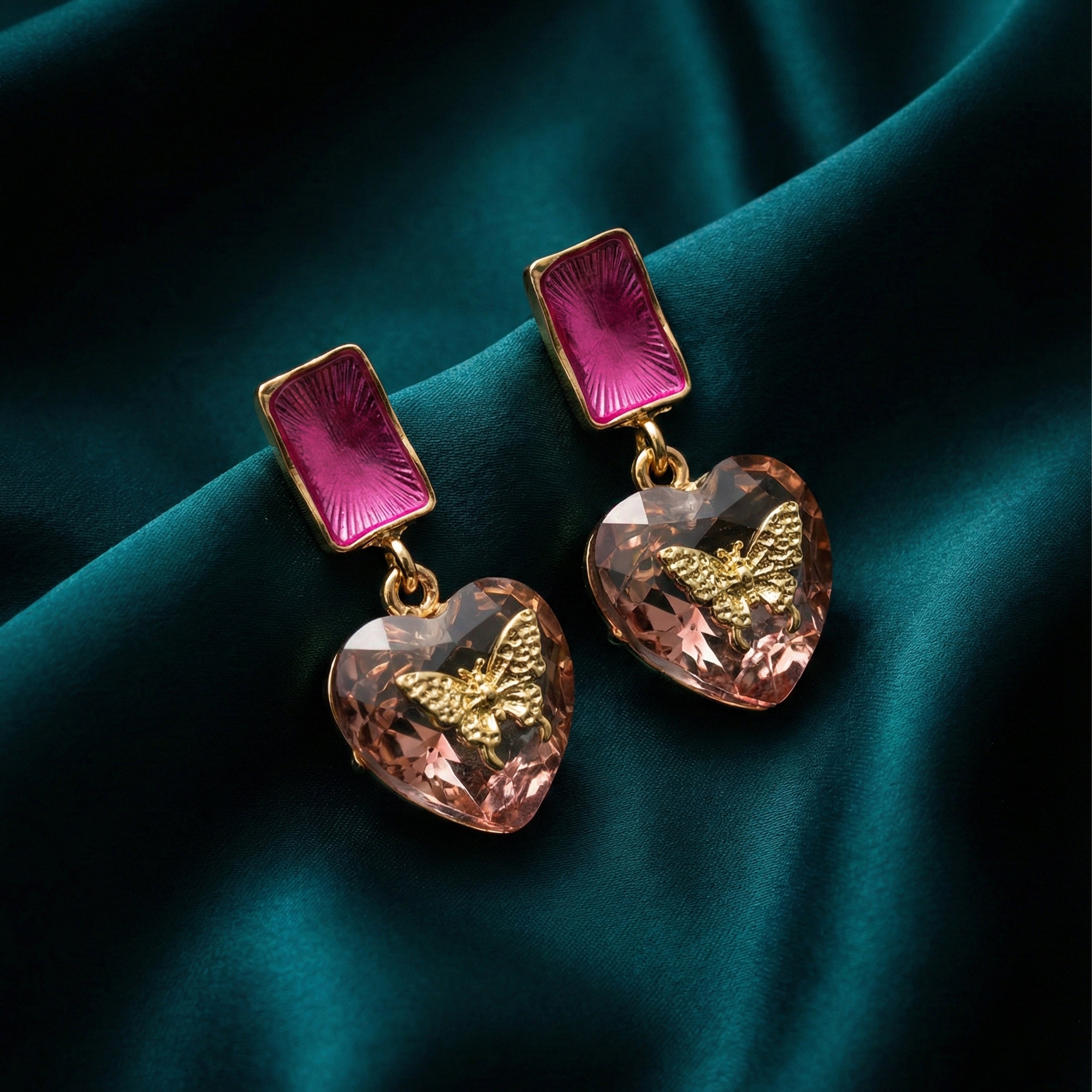 Butterfly Heart Floral Gold Earrings