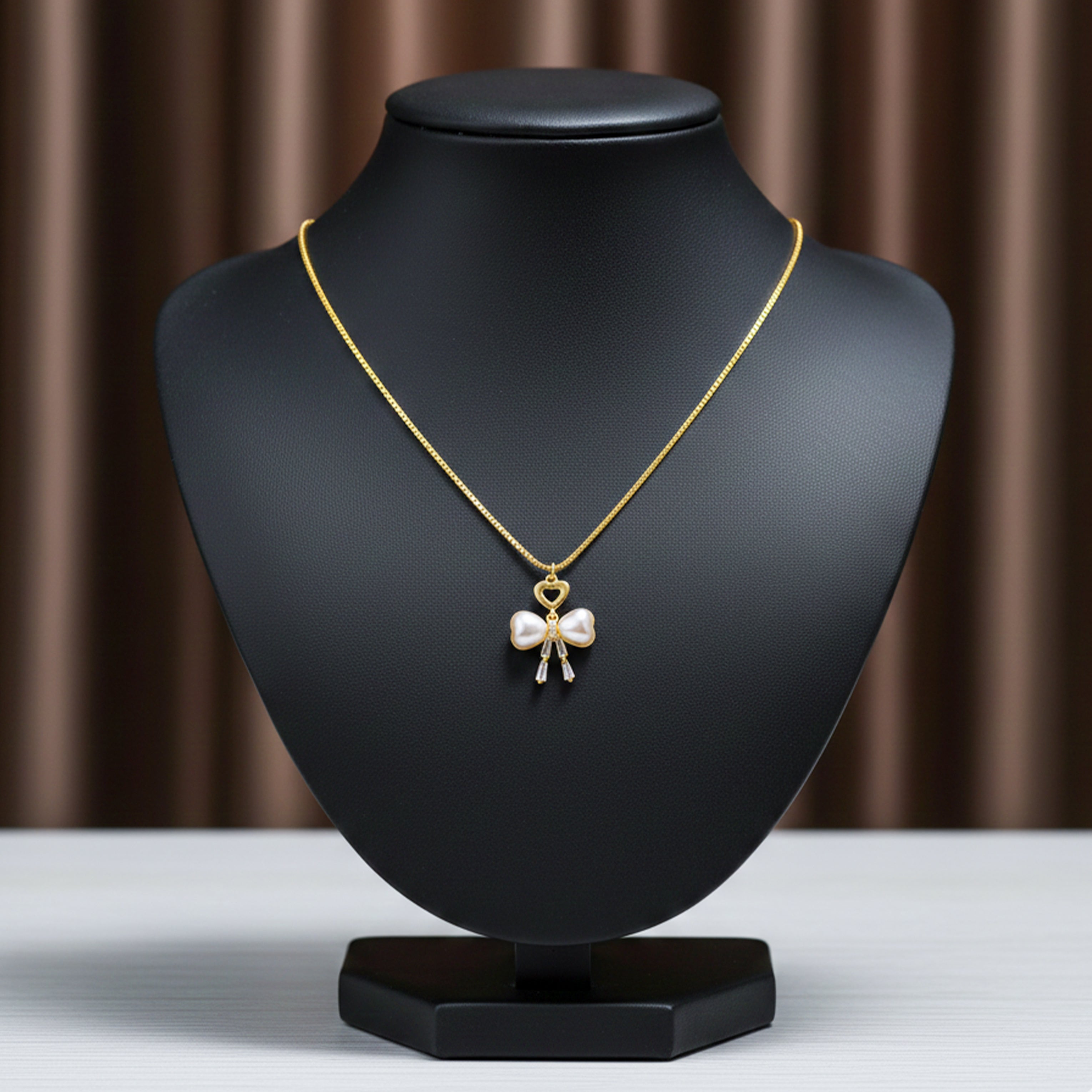 Elegant Gold Heart & Pearl Bow Necklace