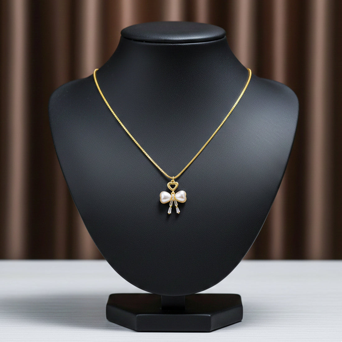 Elegant Gold Heart & Pearl Bow Necklace