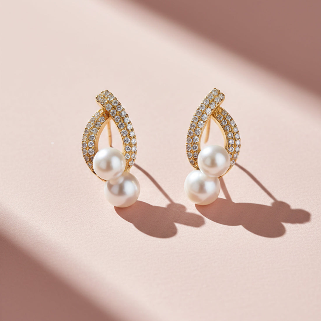 Elegant Double Pearl Drop Diamond Earrings