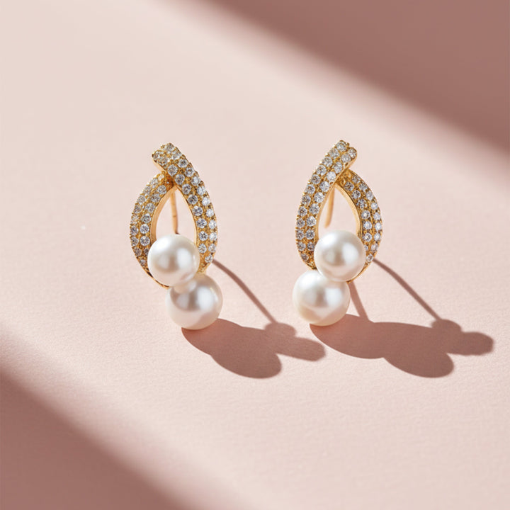Elegant Double Pearl Drop Diamond Earrings