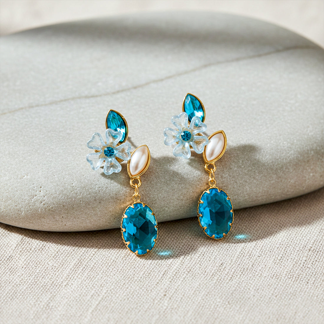 Blue Stone Floral Drop Earrings