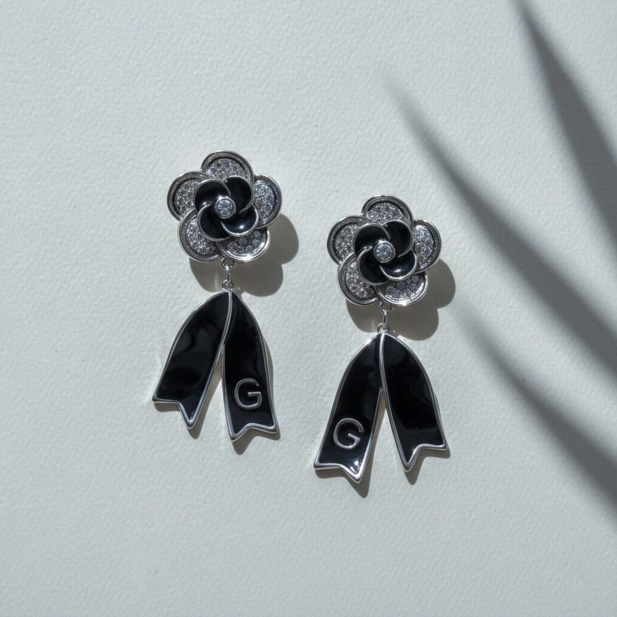 Black Enamel Blossom Drop Earrings