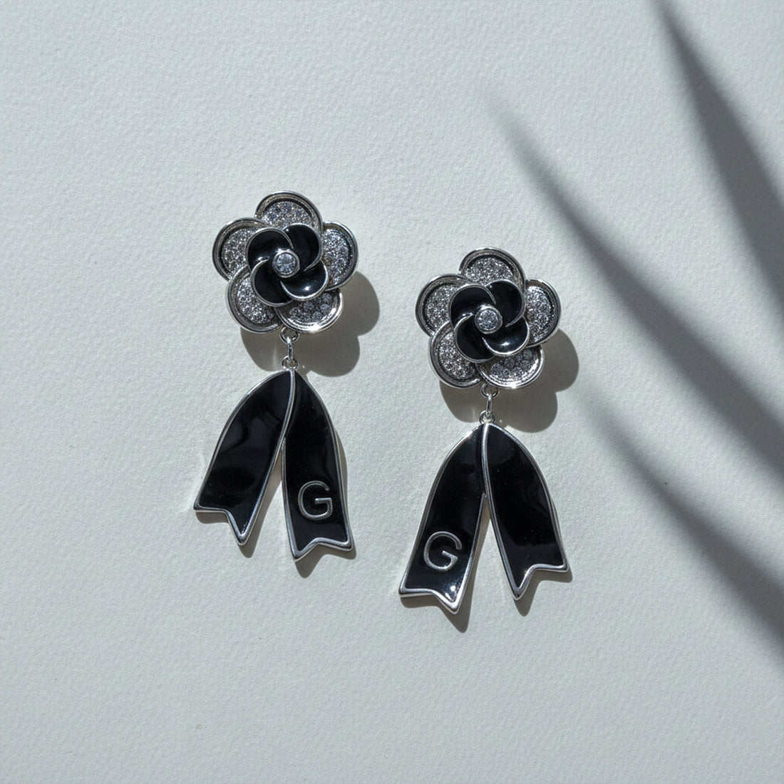 Black Enamel Blossom Drop Earrings