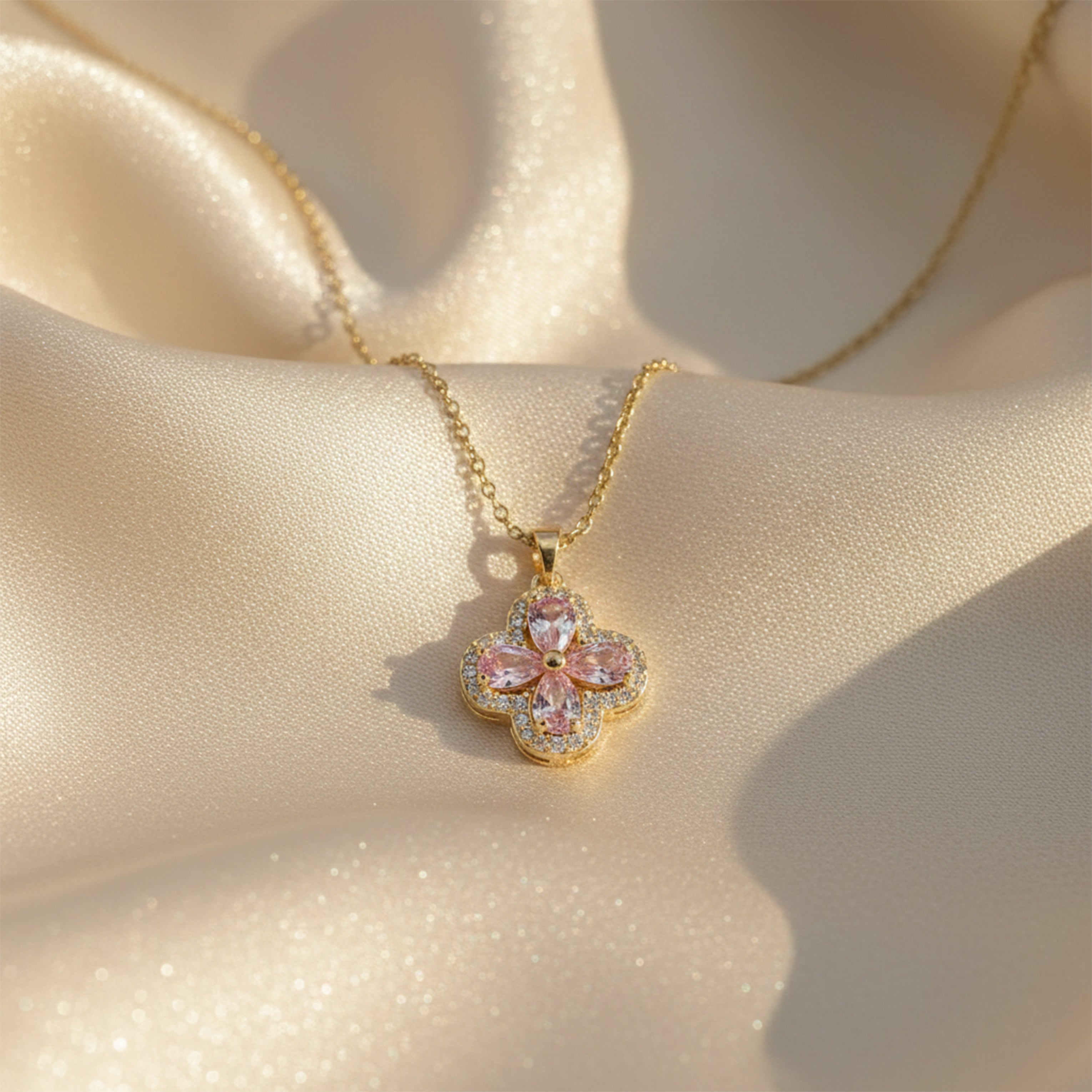 Pink Blossom Flower Pendant Gold Necklace