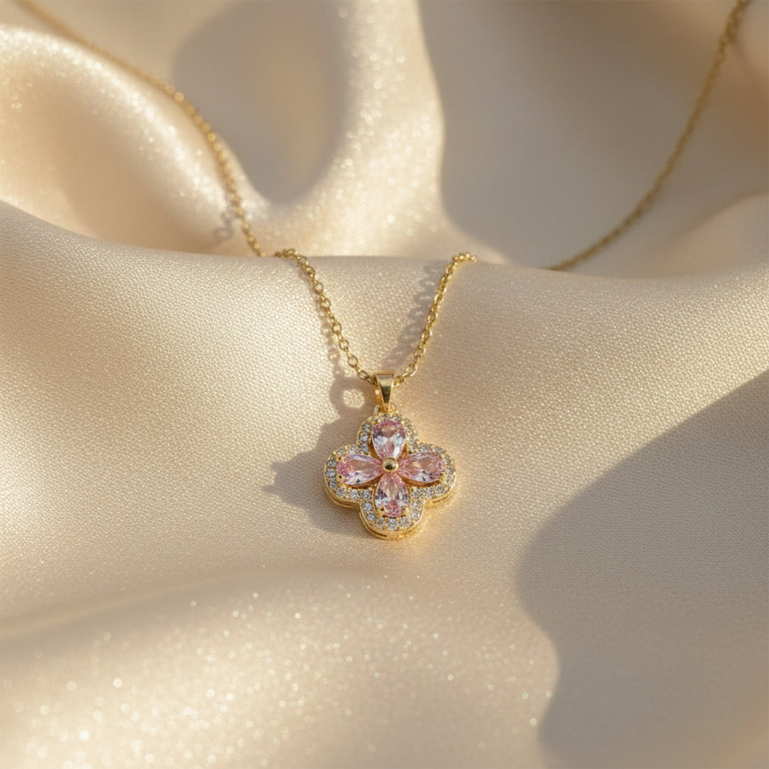 Pink Blossom Flower Pendant Gold Necklace