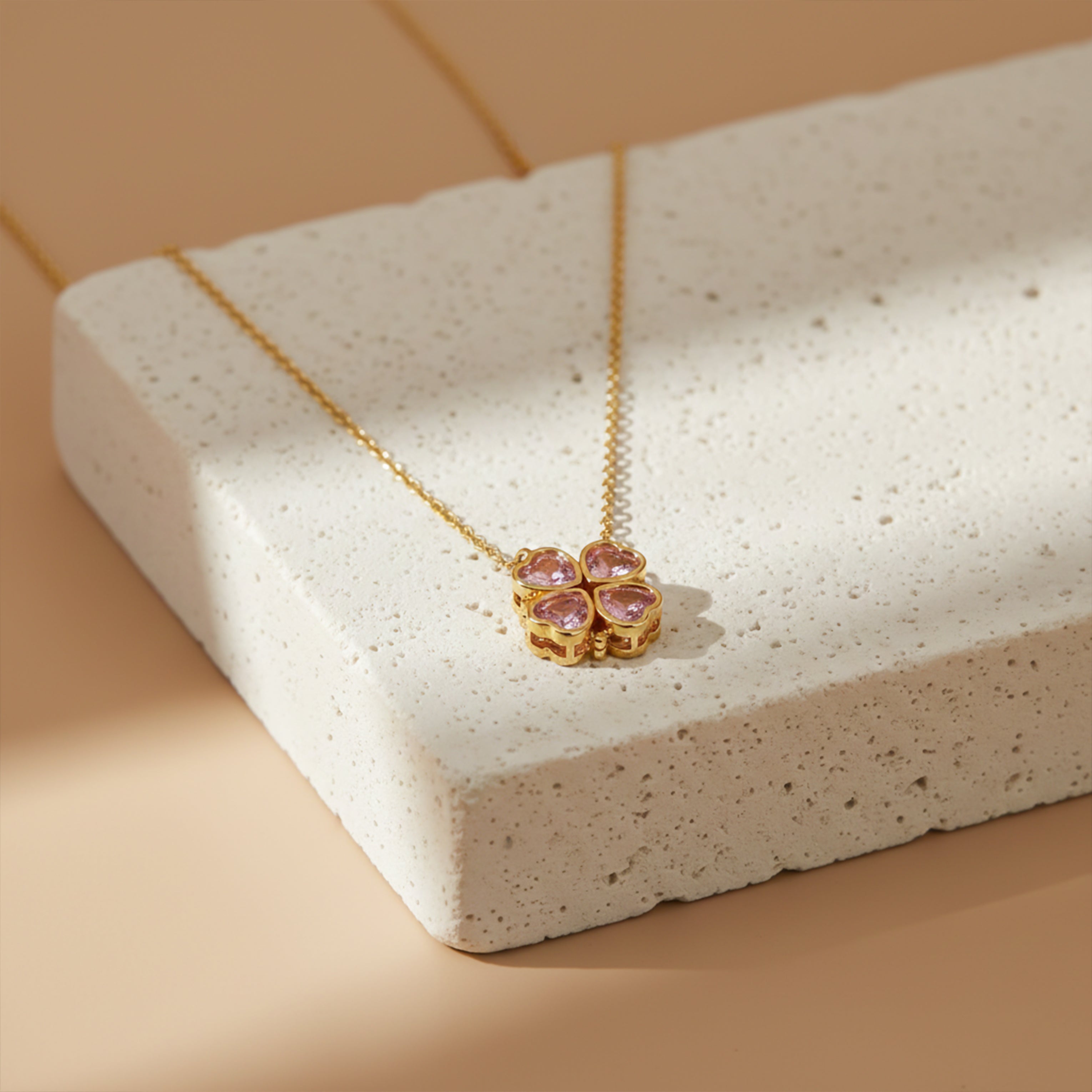 Pink Heart Clover Gold Pendant Necklace