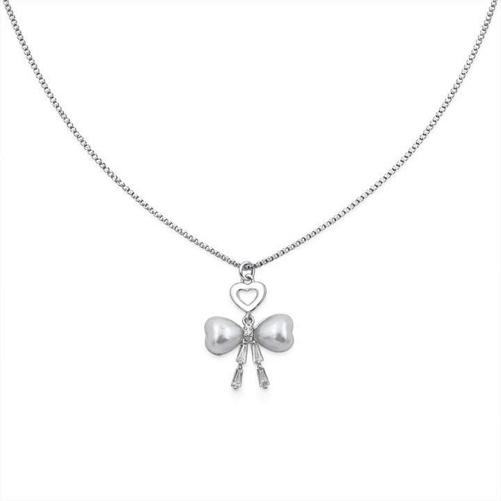 Elegant Silver Heart & Pearl Bow Necklace