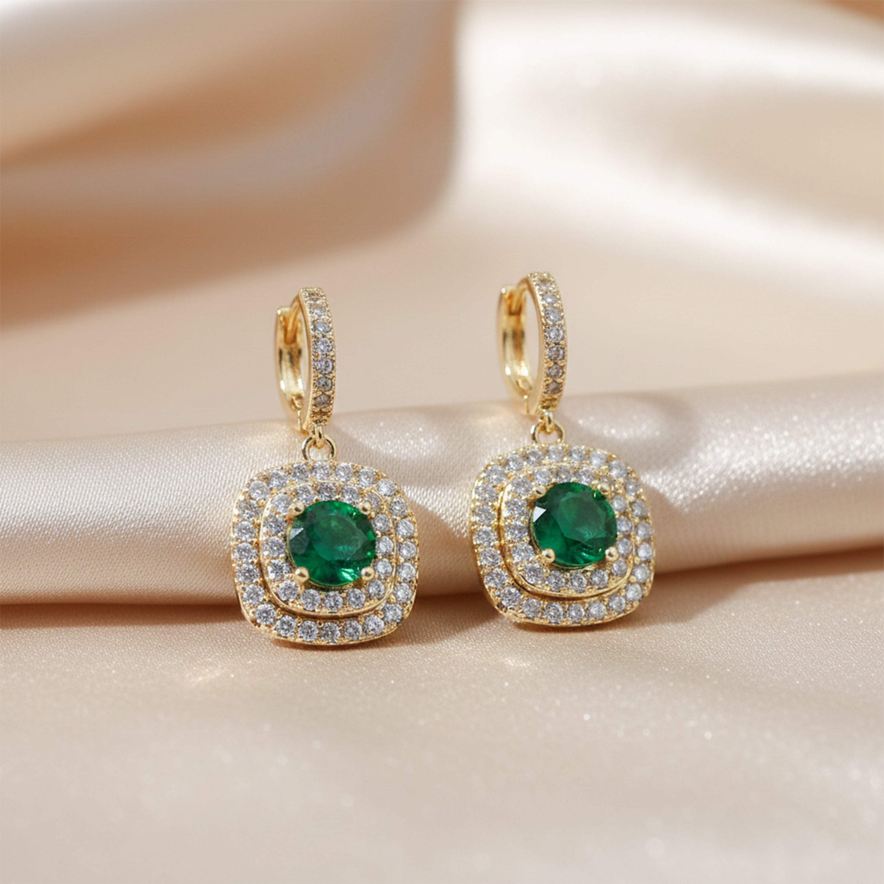Classic Emerald Halo Gold Earrings