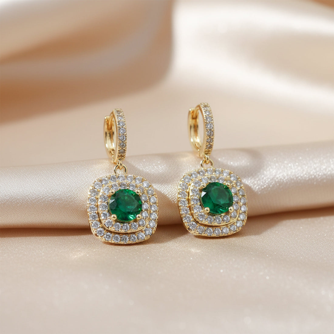 Classic Emerald Halo Gold Earrings