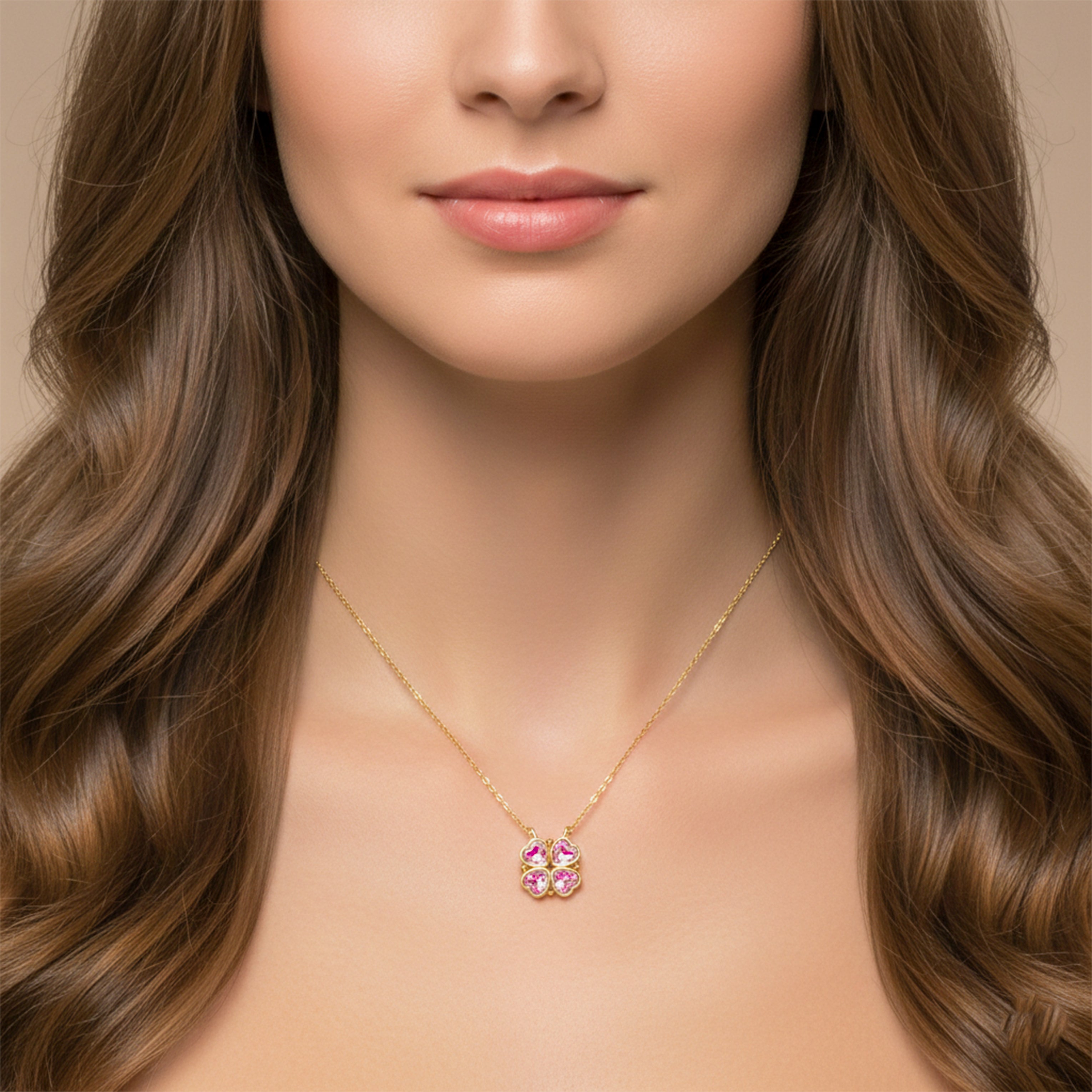 Pink Heart Clover Gold Pendant Necklace