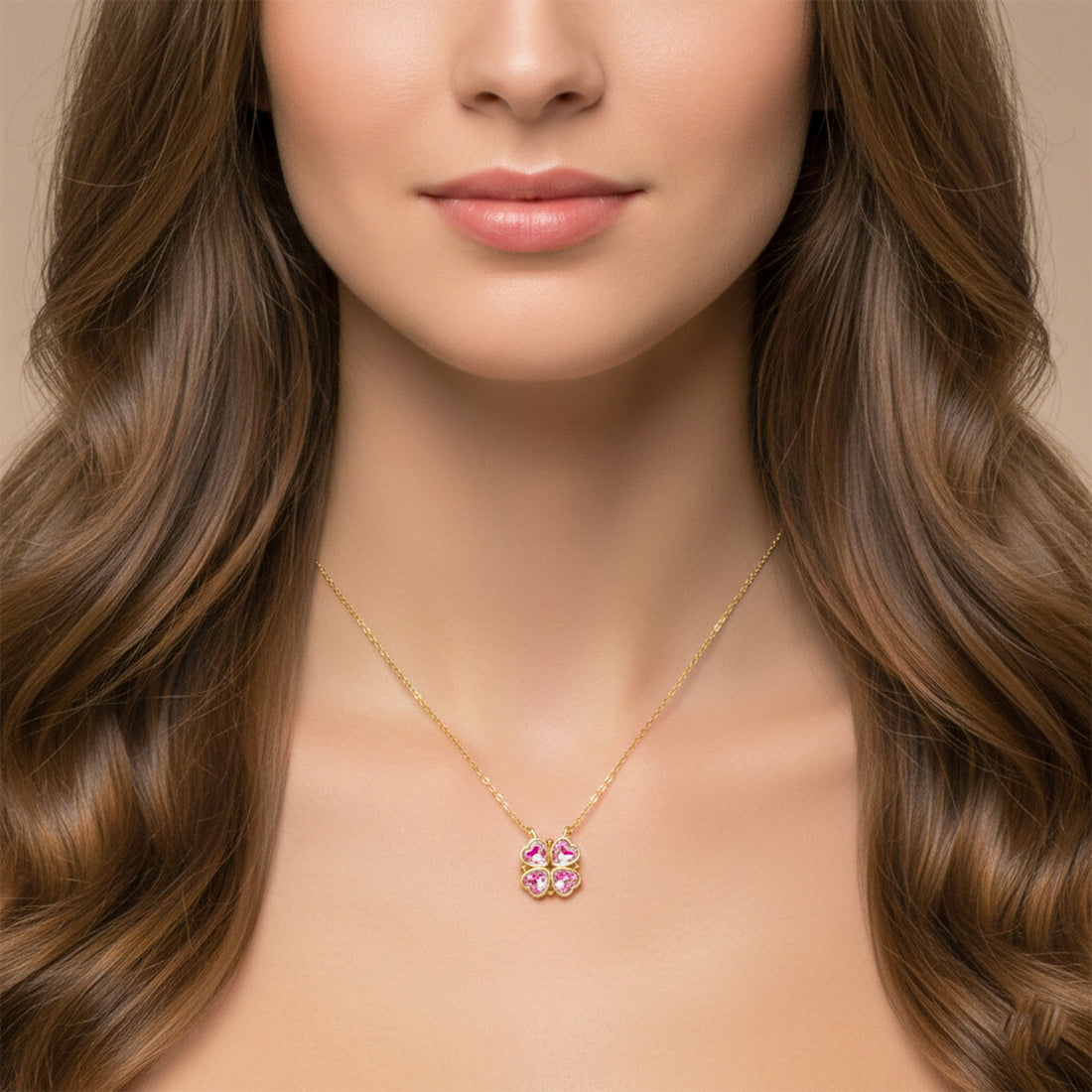 Pink Heart Clover Gold Pendant Necklace