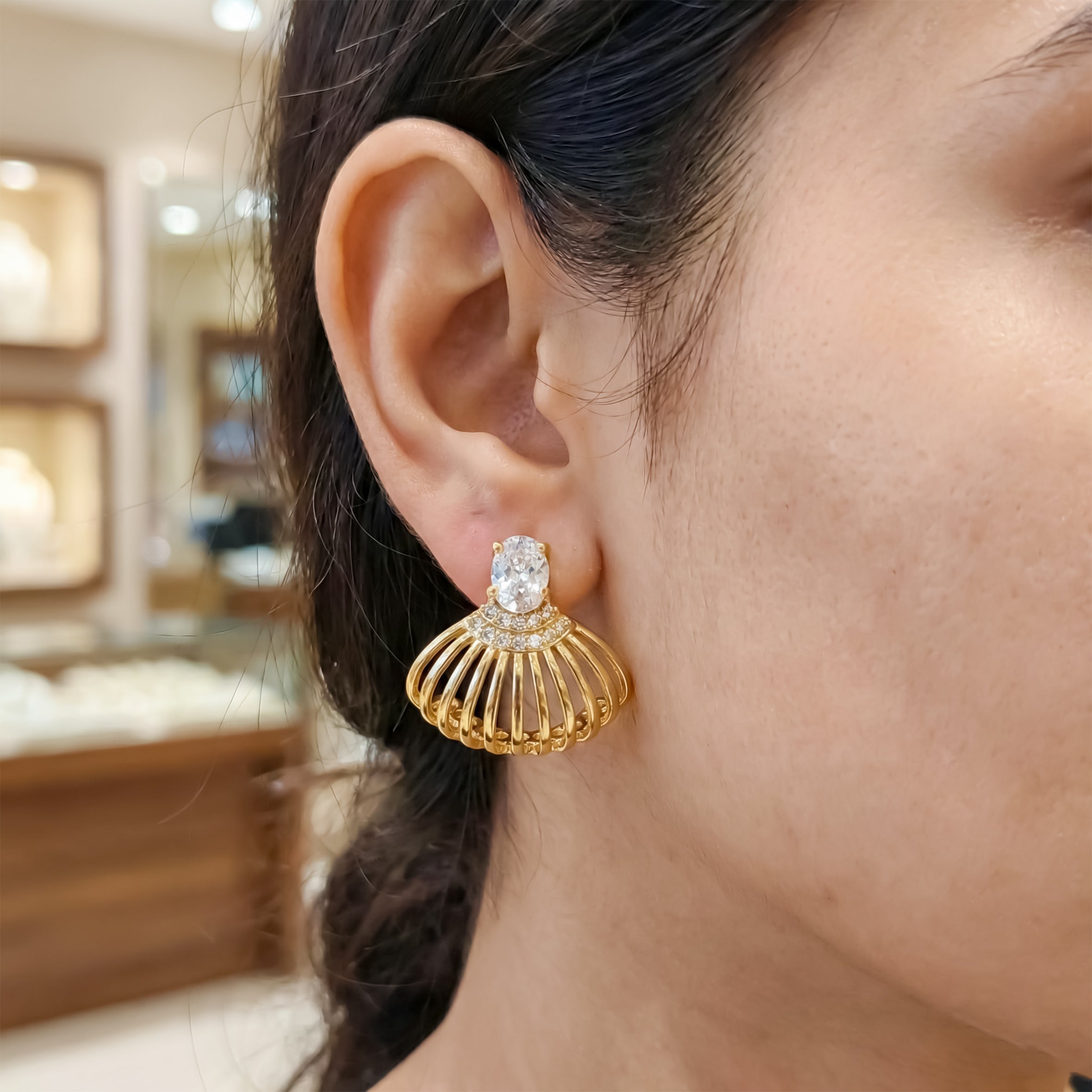 Shell Crystal Gold Stud Earrings