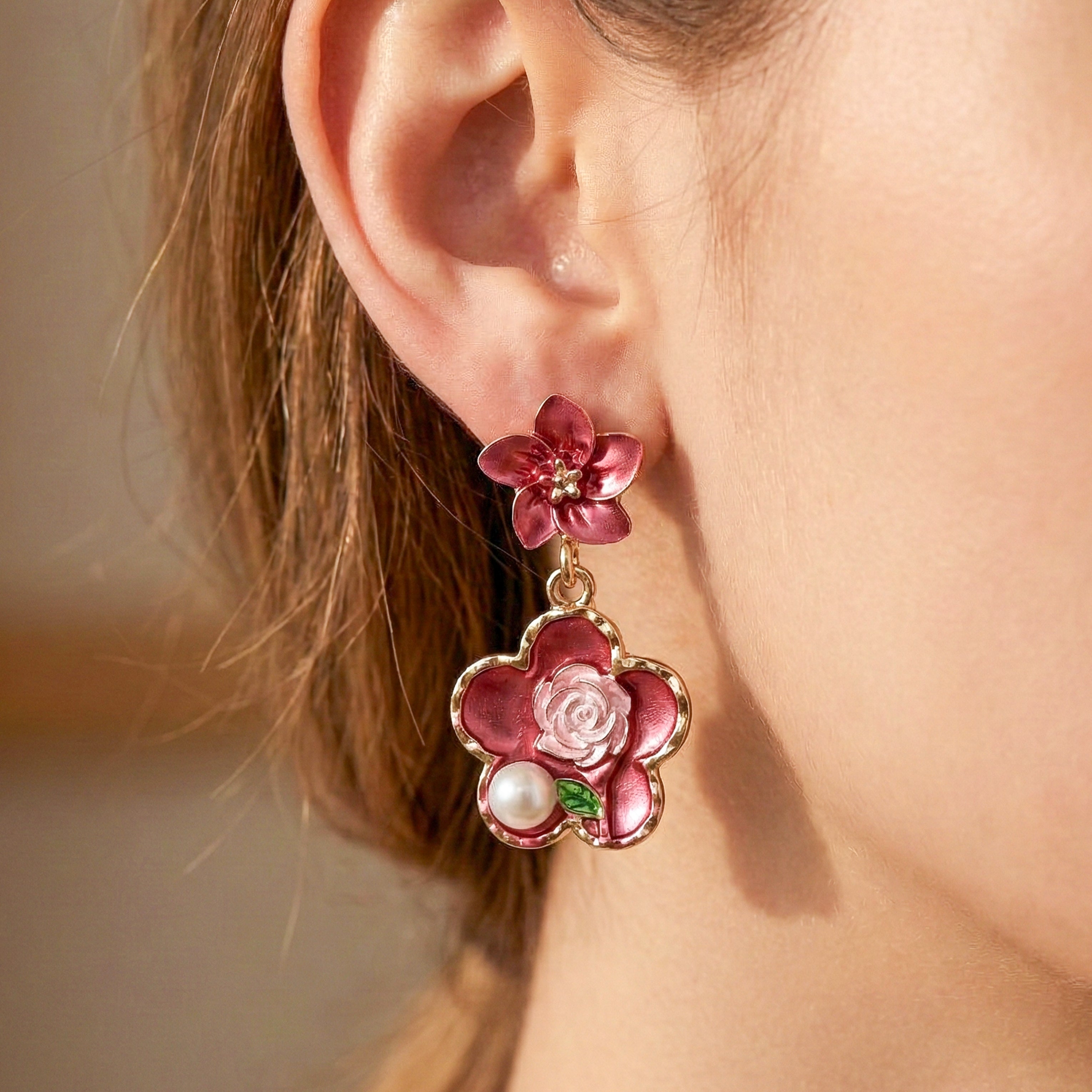 Rose Charm Pearl Drops Earrings