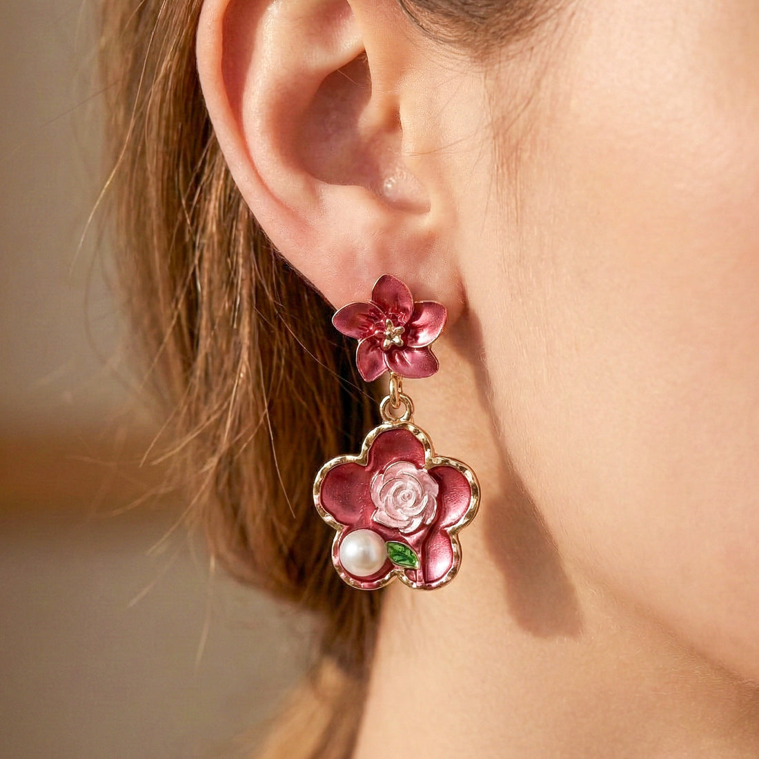 Rose Charm Pearl Drops Earrings