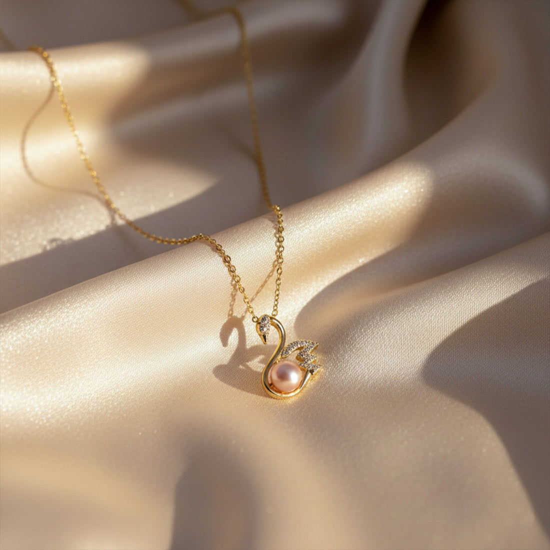 Gold Swan Pearl Pendant Necklace