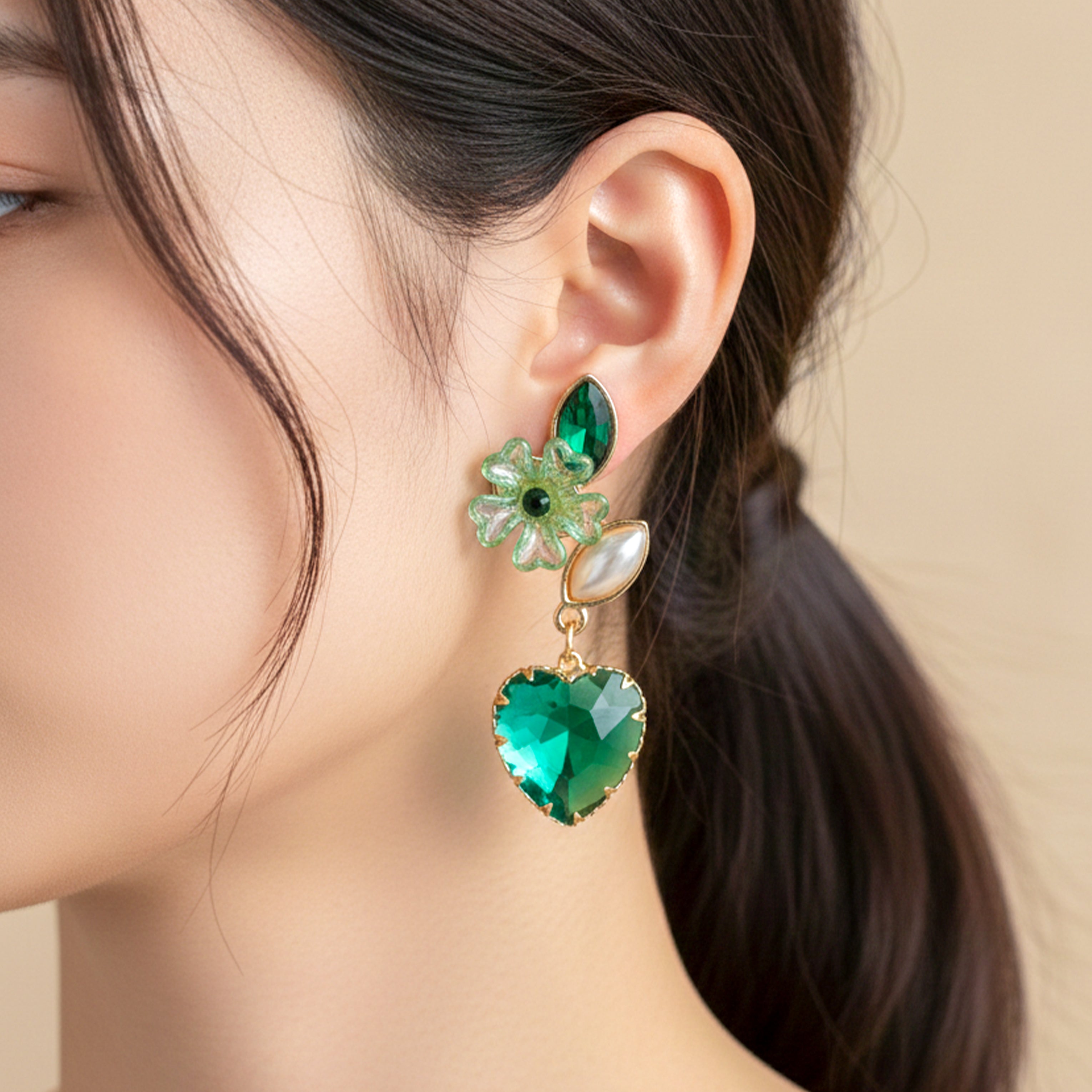 Green Luxe Floral Heart Earrings