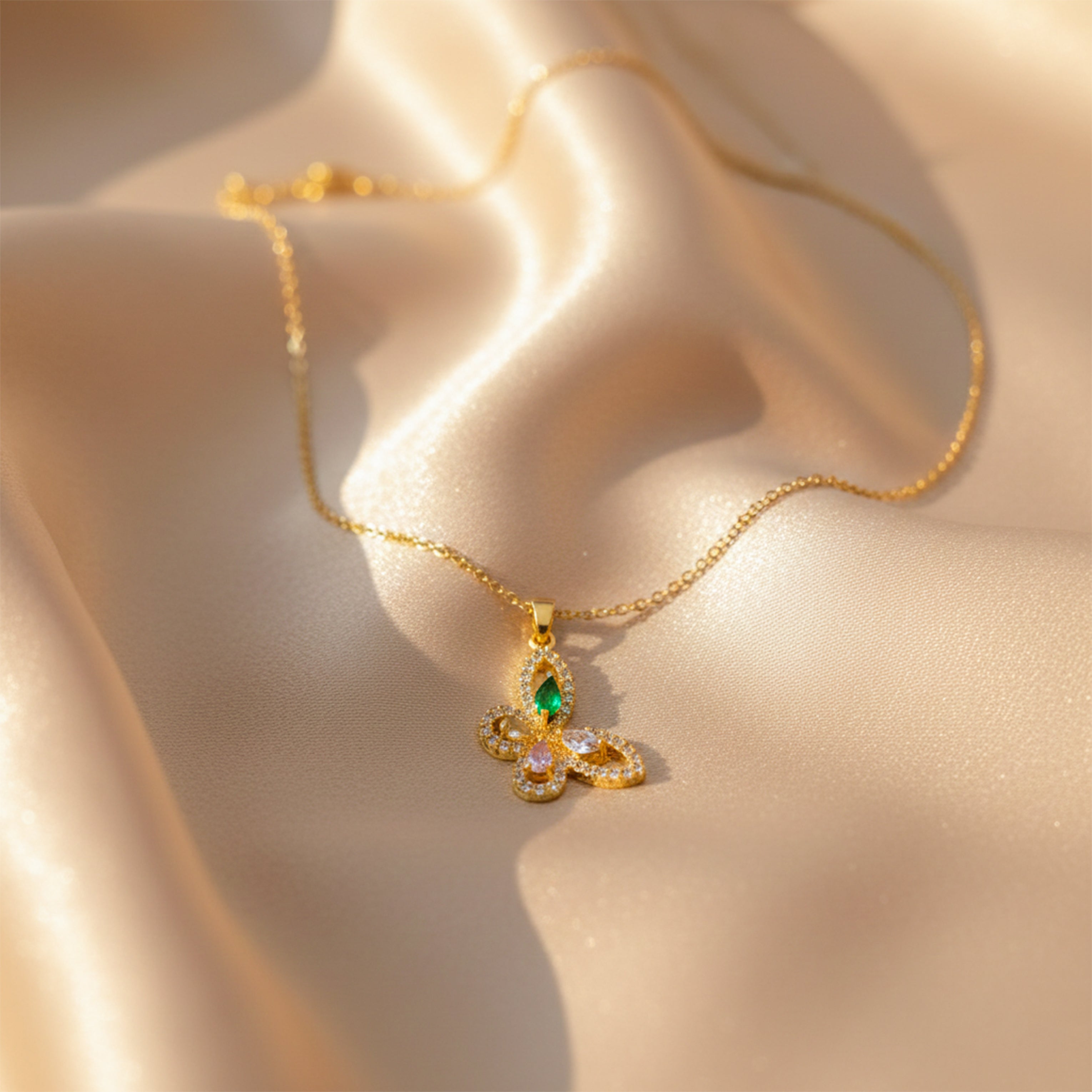 Vintage Emerald Butterfly Pendant Necklace