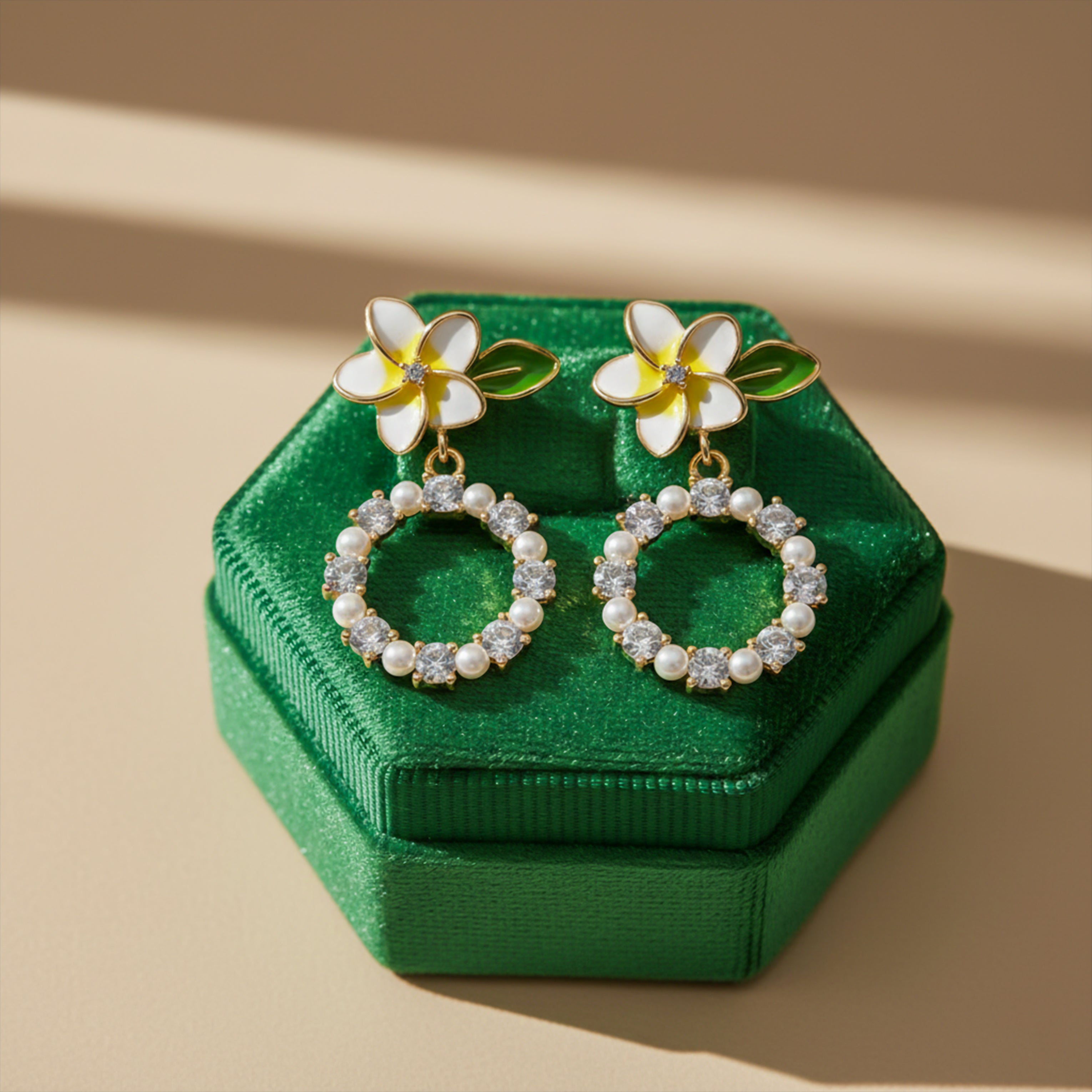 Golden Petal Pearl Circle Earrings