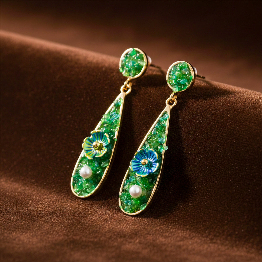 Elegant Green Floral Drop Earrings