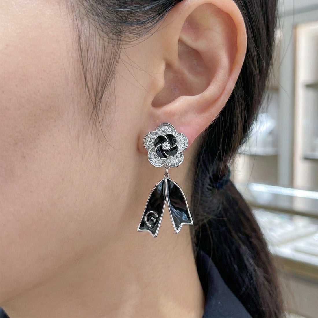 Black Enamel Blossom Drop Earrings