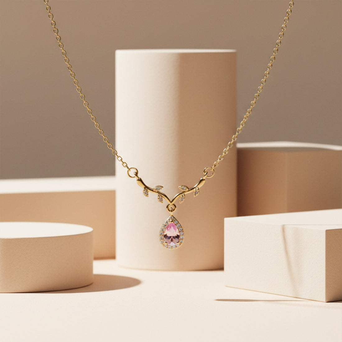 Rose Crystal Teardrop Gold Necklace