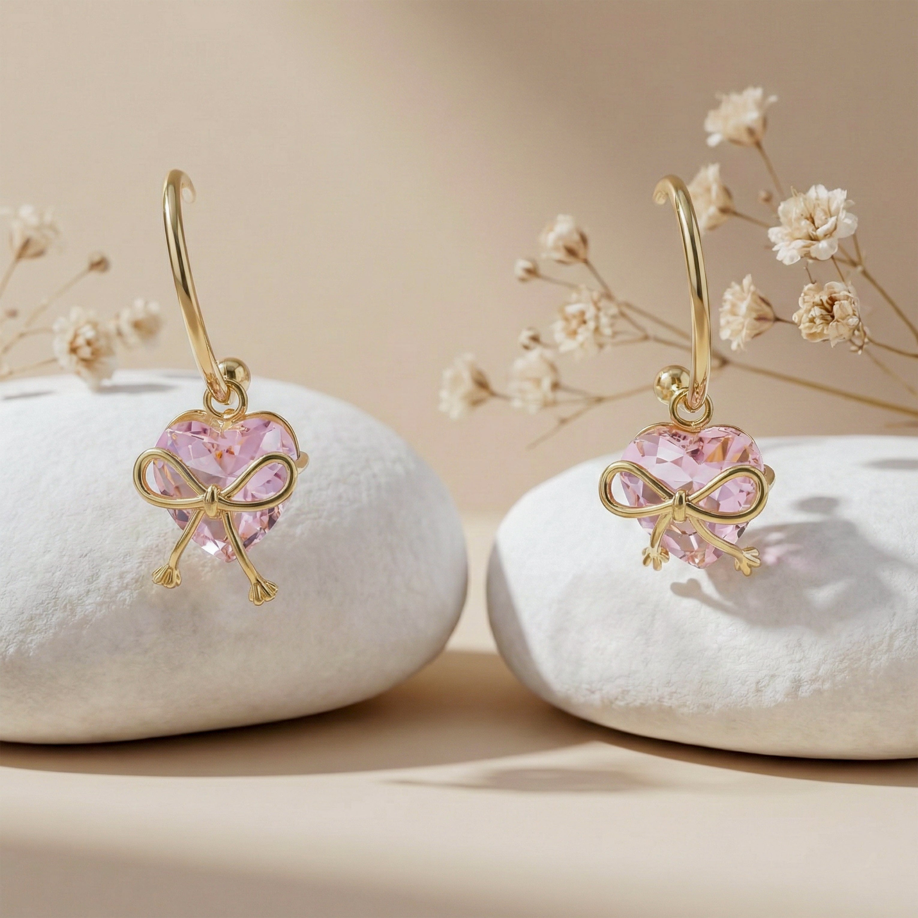 Celestia Pink Heart Bow Earrings
