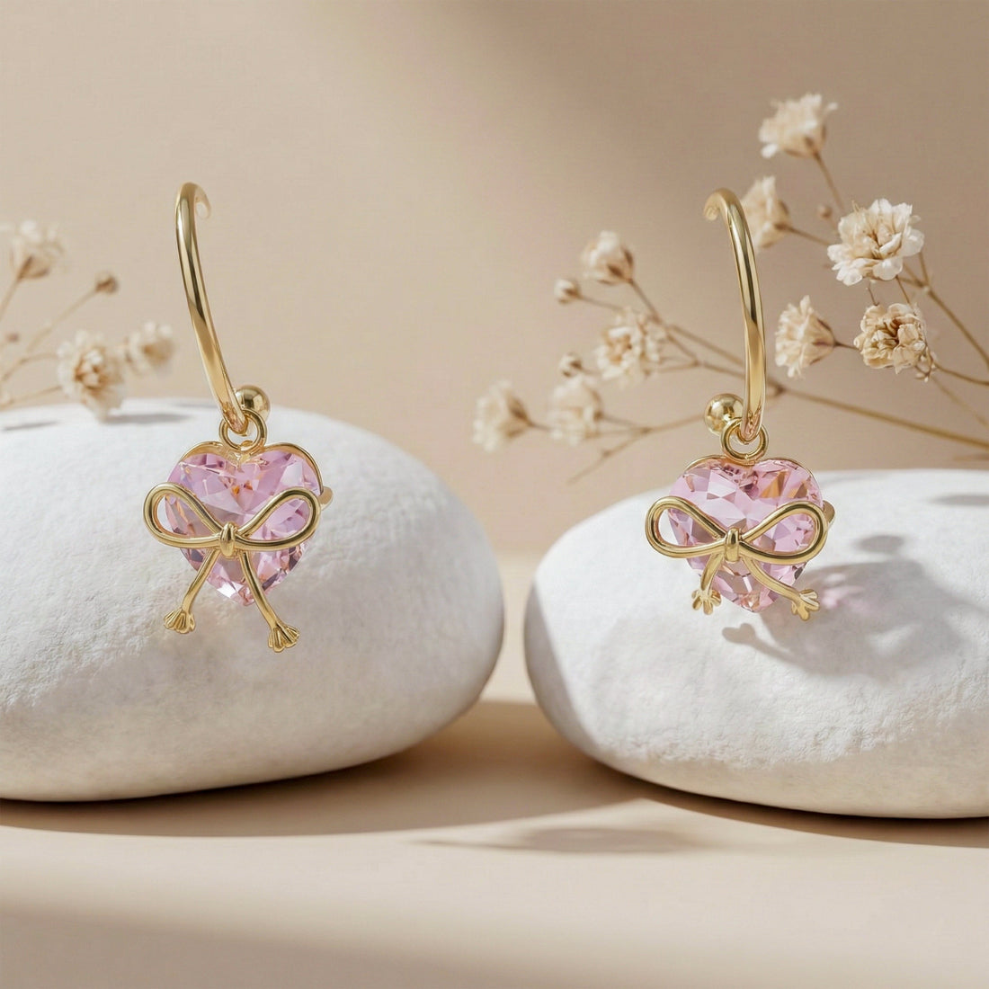 Celestia Pink Heart Bow Earrings