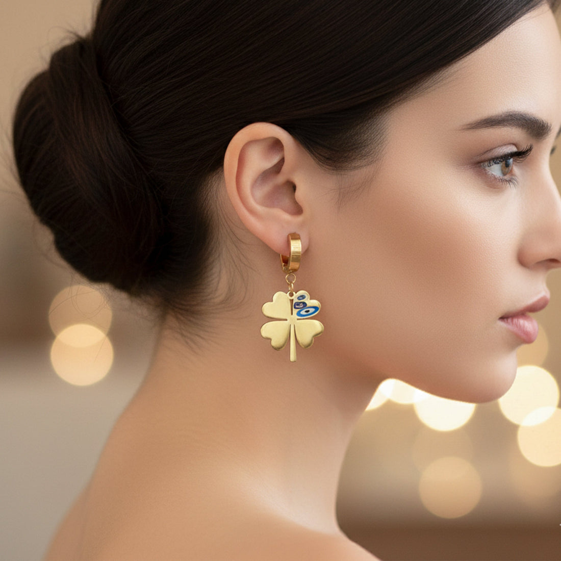 Elite Nazar Clover Charm Drop Earrings
