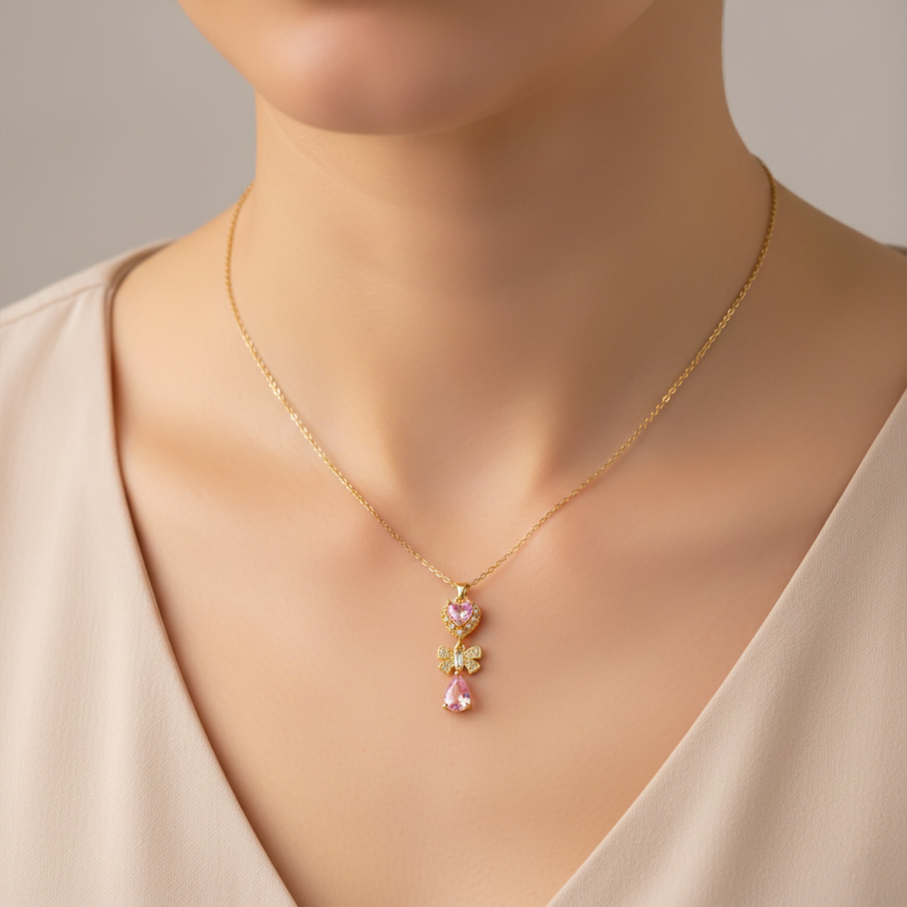 Delicate Heart & Bow Gold Necklace