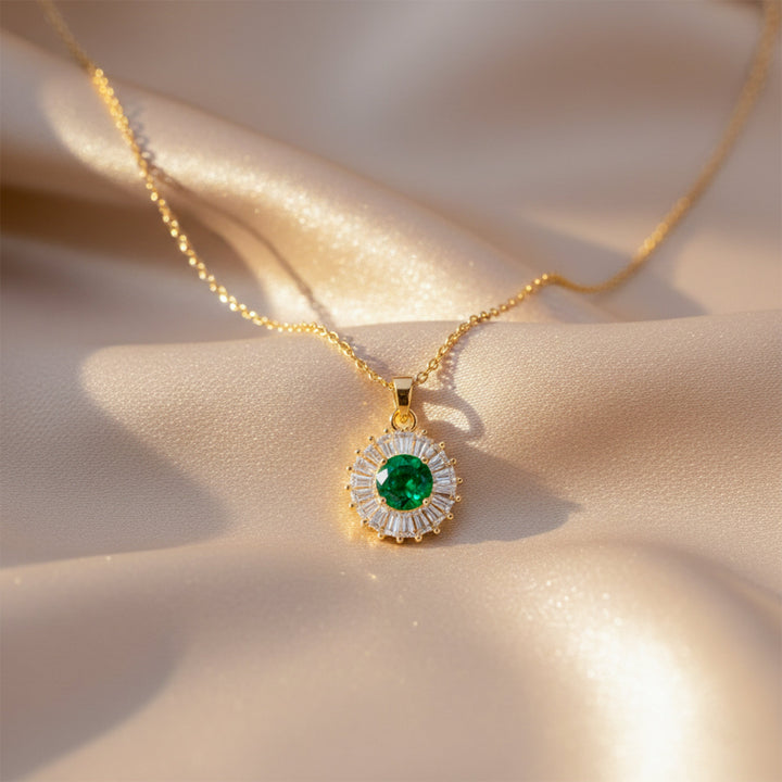 Luxpenny Emerald Halo Gold Pendant Necklace