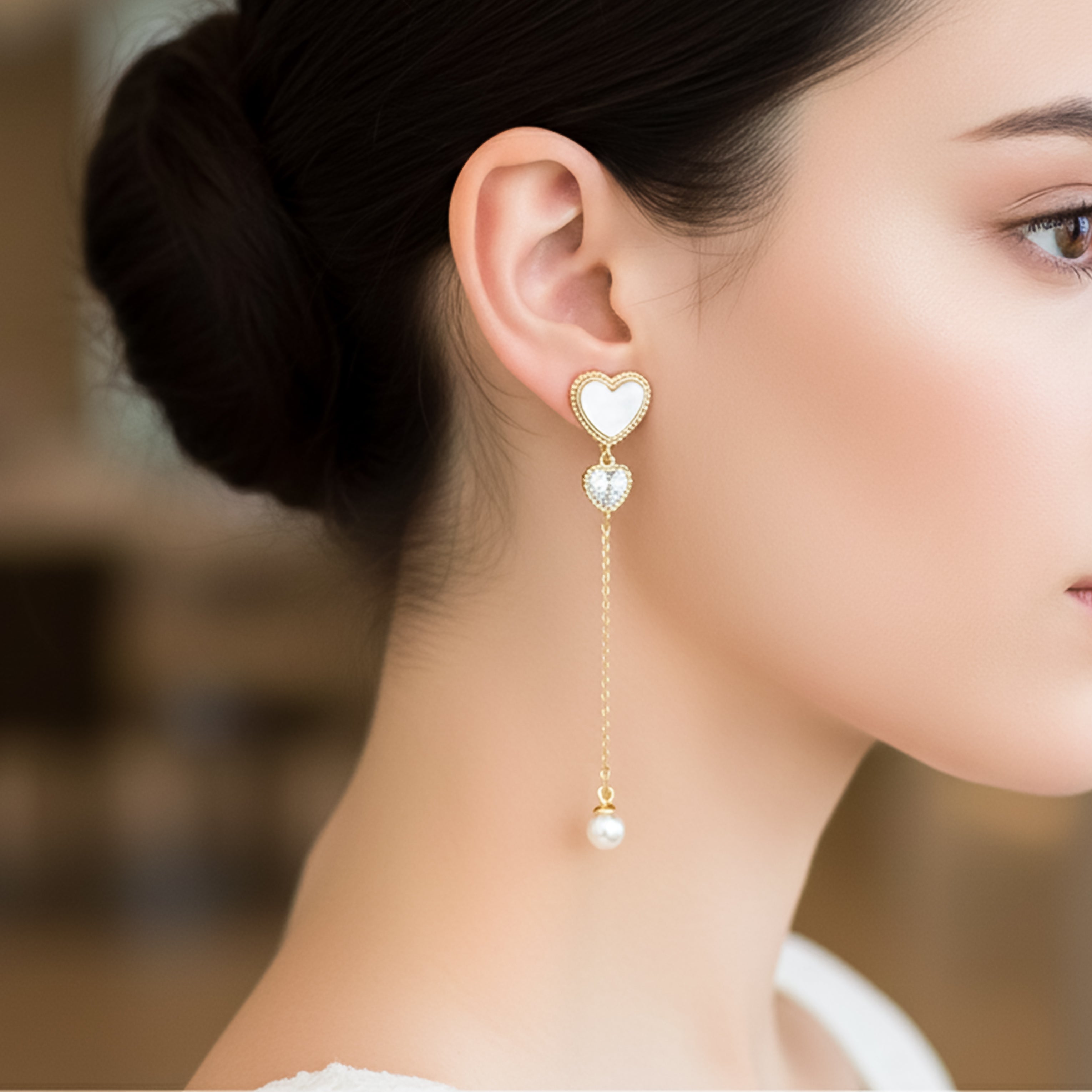 Ivory Luxe Heart Pearl Drop Earrings