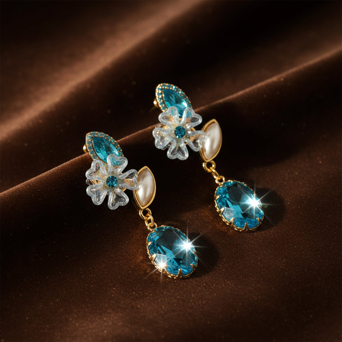 Blue Stone Floral Drop Earrings