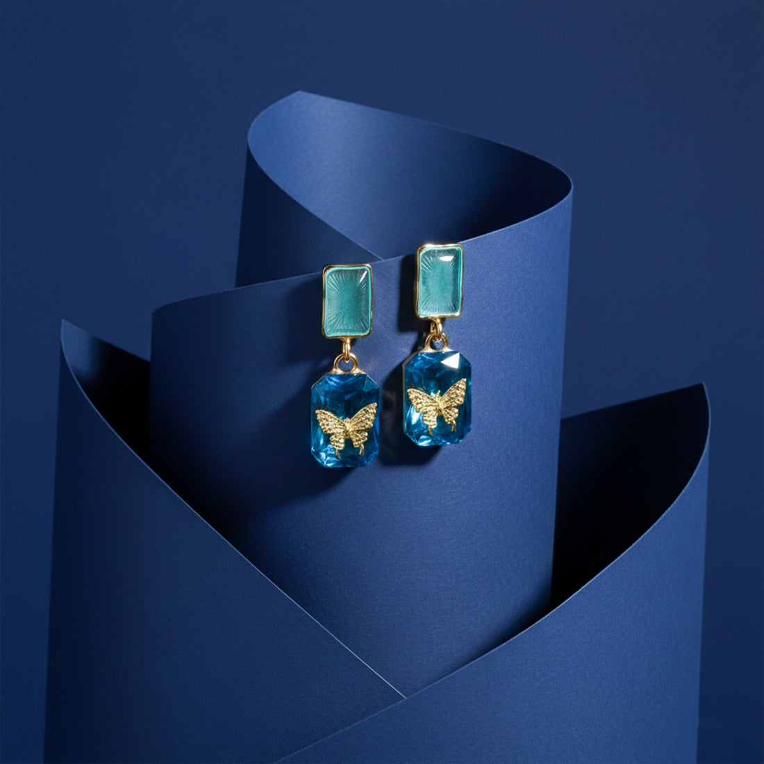 Blue Crystal Butterfly Drop Earrings